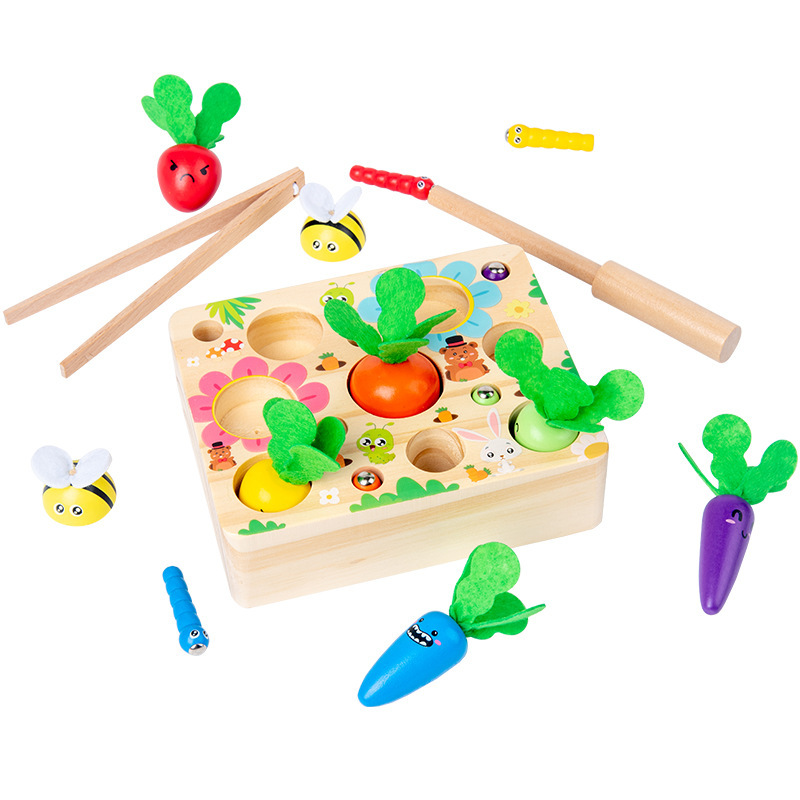 Children's radish pulling, bee picking, magnetic insect catching three-in-one parent-child interactive tabletop game, wooden toy gift Item Picture
