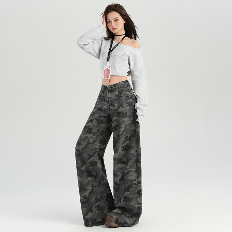 橙绢女装#美式辣妹迷彩高腰阔腿休闲裤女秋季新款高街显瘦拖地裤产品图