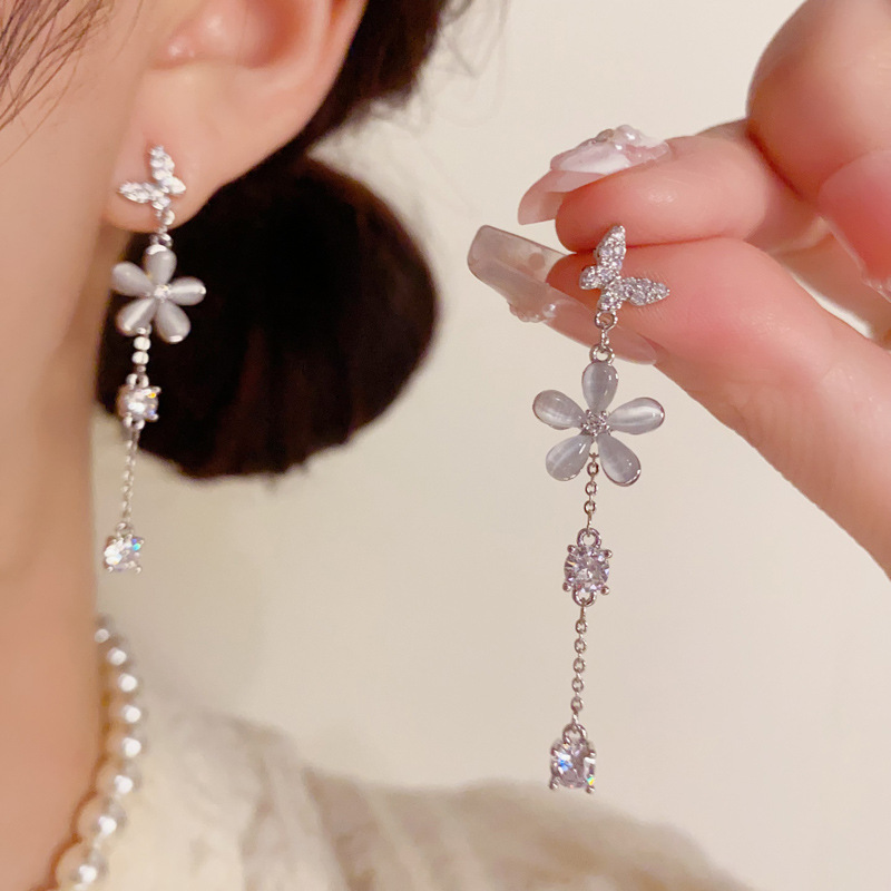 French light luxury fashion, versatile super flash zircon butterfly cat's eye stone flower tassel earrings, original manufacturer