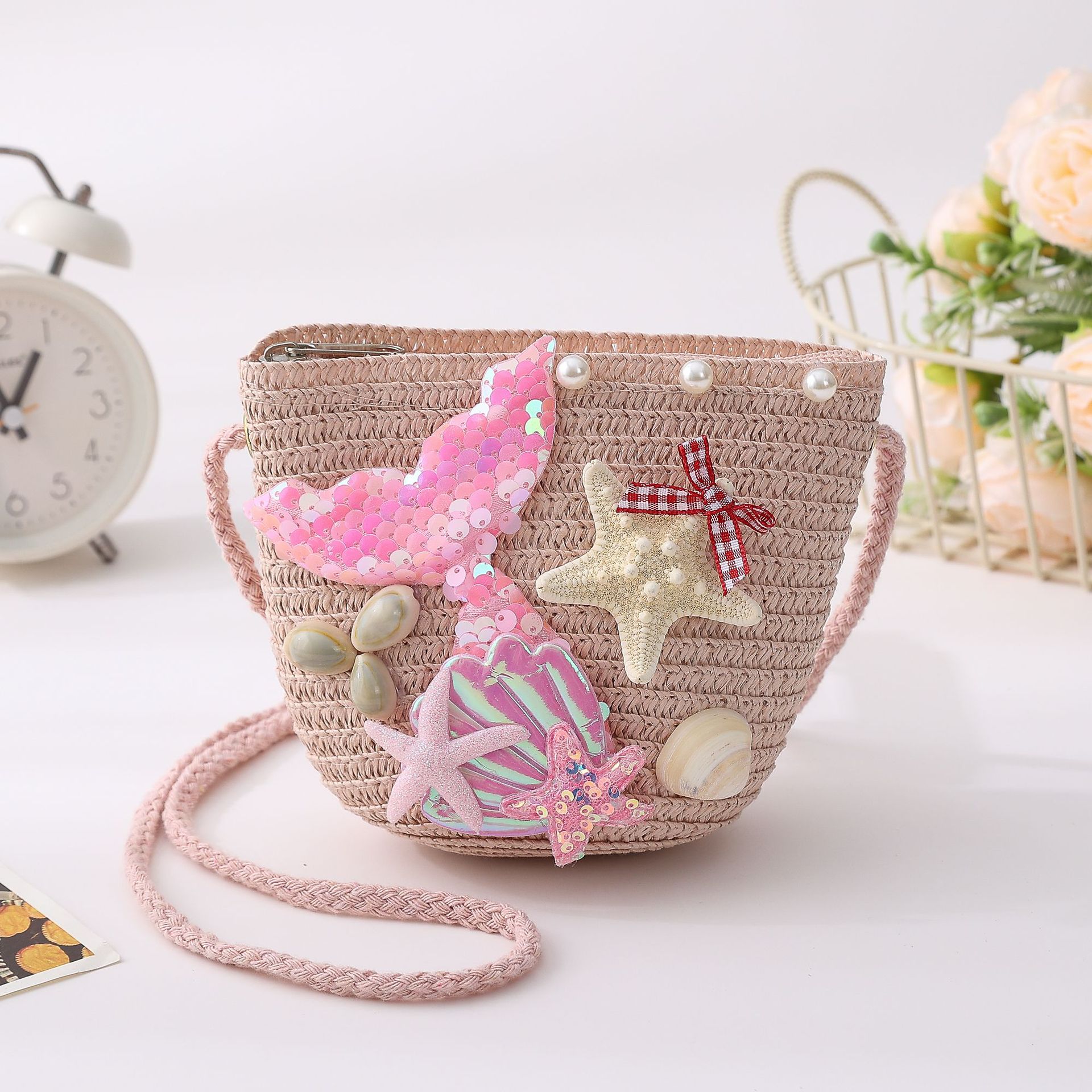 Cross-Border Straw Woven Bag, Ocean Mermaid, Ins Summer Children's Small Bag, Crossbody Bag, Girl And Princess Shoulder Bag, Loose Change Bag, Crossbody Bag, Handmade Straw Woven Bag Specification drawing