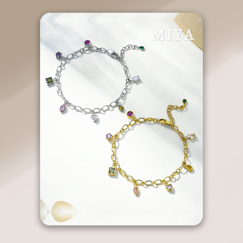 欧美跨境时尚优雅华丽女士配饰镶嵌几何形闪亮彩色锆石不锈钢手链