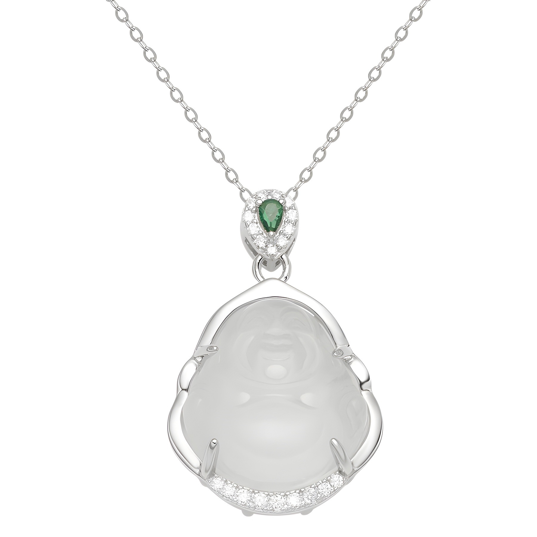 S925 Silver diamond-encrusted natural white chalcedine Maitreya Buddha Necklace for Women, New Chinese-style retro Buddha pendant collarbone chain Item Picture