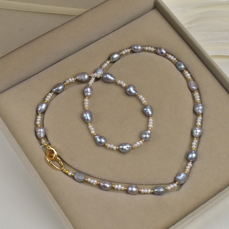 Baroque pearl necklace for women, natural freshwater, a lot of linen grey sweater chain, a light luxury and high-end original design necklace details Picture
