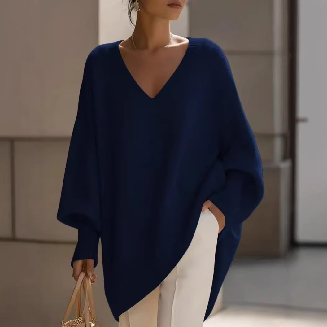 Independent station 2026 Spring Cross-border solid color long-sleeved V-neck laid-back style sweater women's loose knitted top Application Scenario