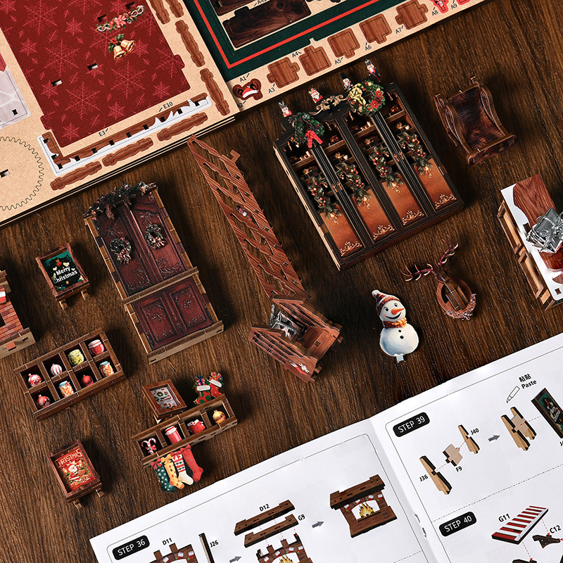 New Christmas house jigsaw puzzle diy house 3D stereoscopic handcrafted assembly bookstand miniature scene display model house Specification image