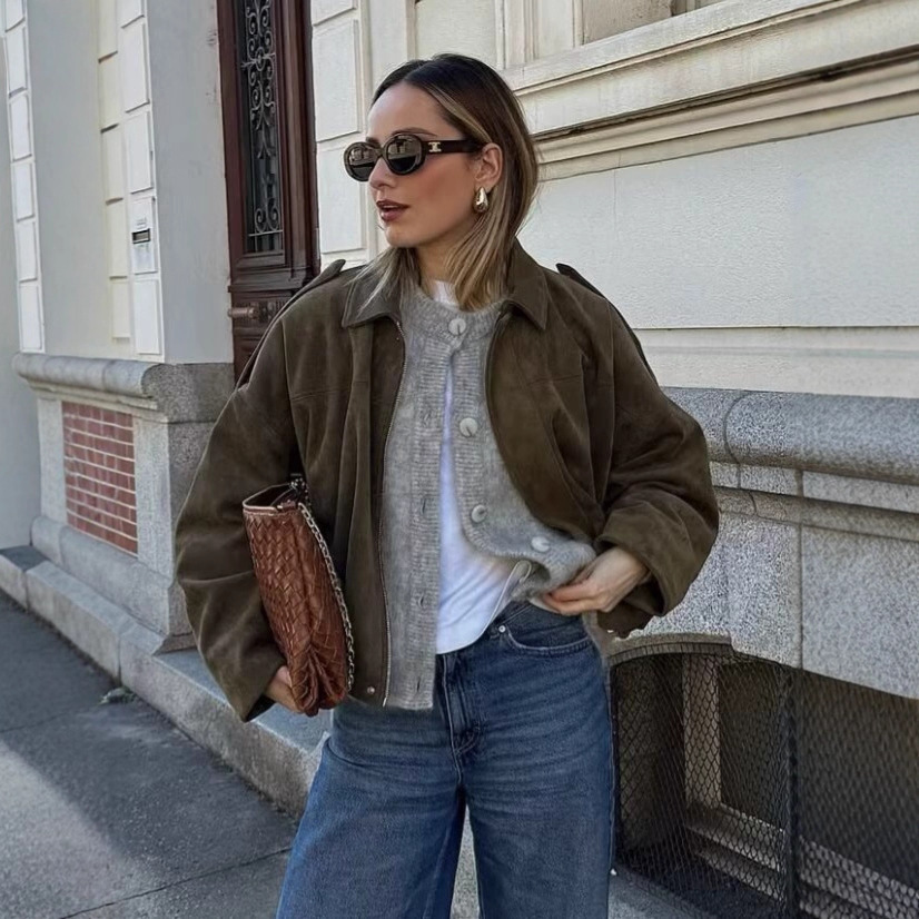 European and American cross-border women's clothing 2025 early spring new fashion fleece texture effect pilot jacket jacket top full figure