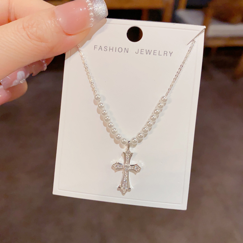 European and American cross-border style, fashionable design sense, thick silver full diamond cross pendant necklace, unique and light luxury, collarbone chain for women details Picture