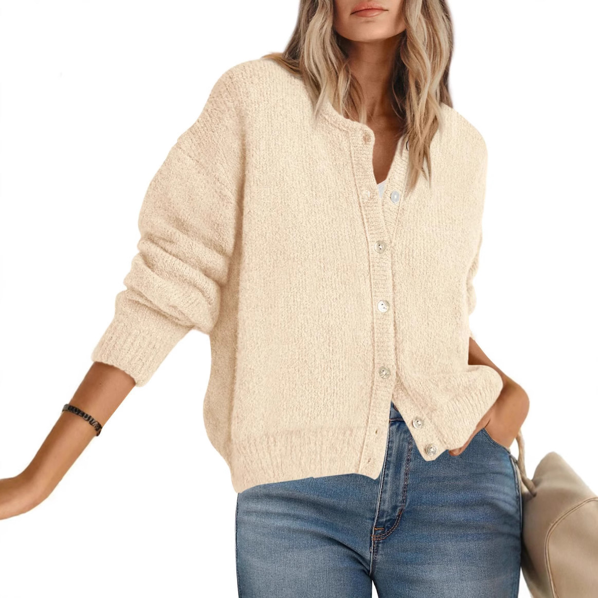 European and American cross-border 2025 autumn/winter collection long-sleeved round-neck button-down women's sweater, cardigan with cardigan opening and thick stick knit, fashionable details Picture