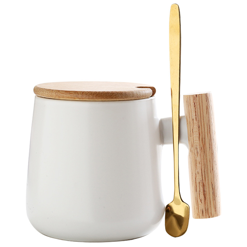北欧木把手柄1314情侣陶瓷马克杯带盖勺咖啡杯水杯广告礼品logo白底实物图