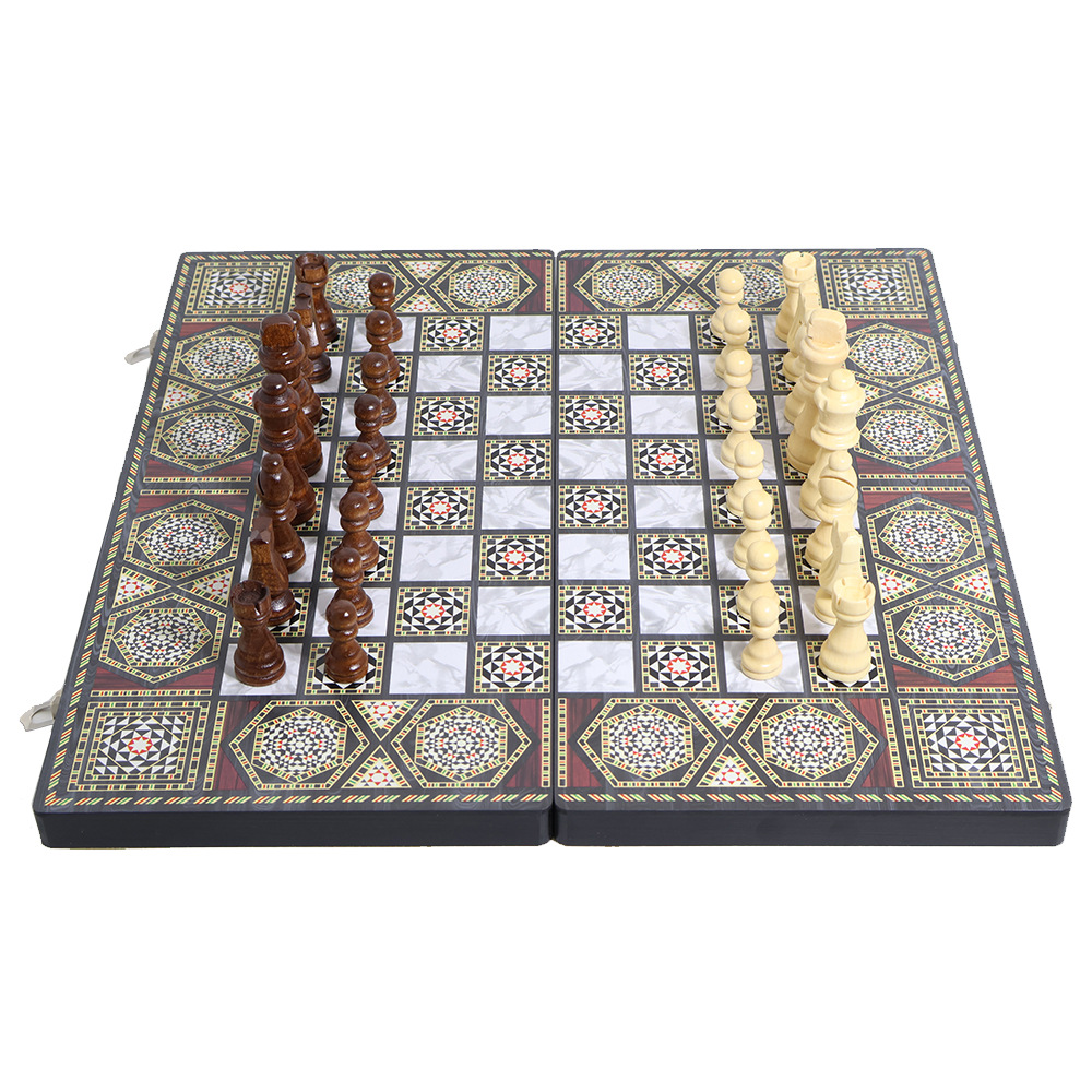 Wholesale of international chess casual entertainment chessboard with dark wooden patterns, three-in-one, high-end feel, portable folding, and for export Item Picture