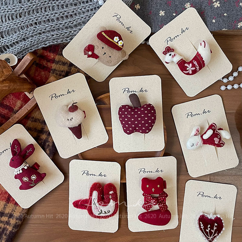 Nueva versión coreana rojo atado paño dibujos animados horquilla dulce mano de los niños como lateral broche clip de pelo roto pinza mujer Pom.kr vino rojo paño moe broche de pelo oso manzana varios chica otoño invierno lindo día