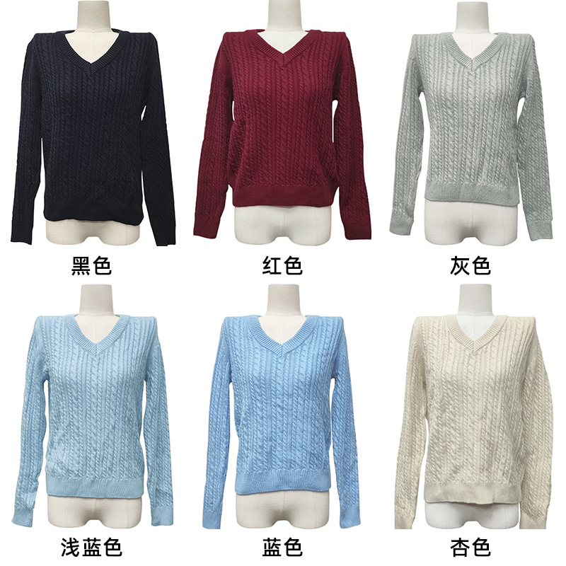 Dalang Sweater Factory wholesals elegant and ladylike grey V-neck long-sleeved braided pullover 100% cotton knitted sweaters for autumn and winter details Picture