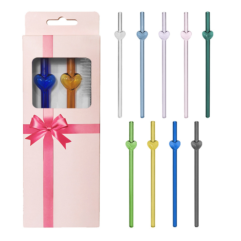 Glass straw set, high borosilicate heart-shaped pink blow-molded straw combination, Valentine's Day gift in stock wholesale details Picture
