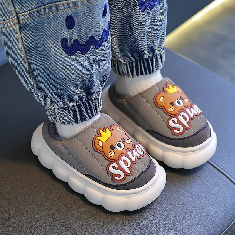 儿童棉拖鞋冬季保暖加绒女童PU皮防水防滑毛毛大中小童宝宝居家鞋细节图