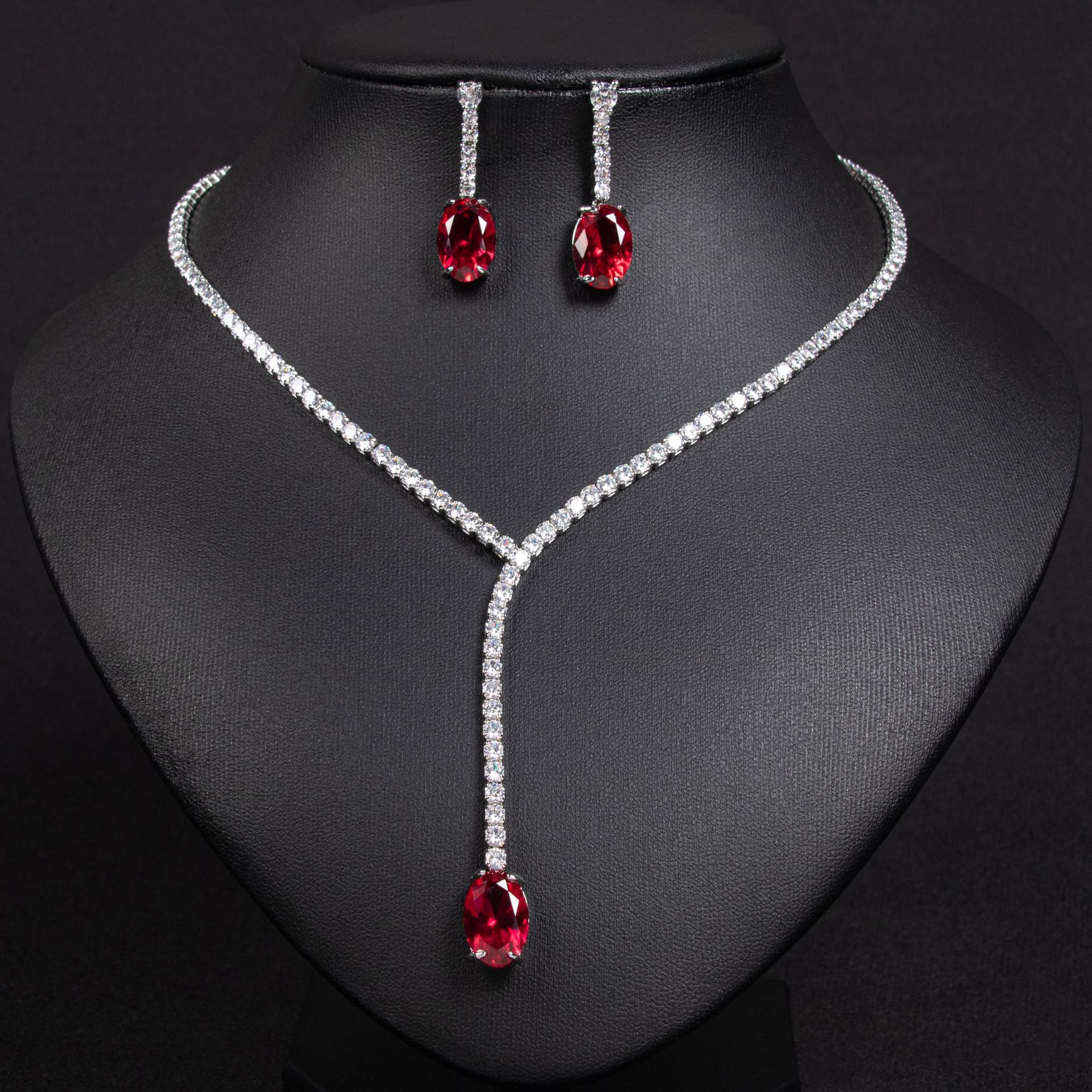 Necklace, women's colored gemstone, bride, zircon necklace, earrings, high-end jewelry set, ruby and egg surface pendant, factory approval details Picture