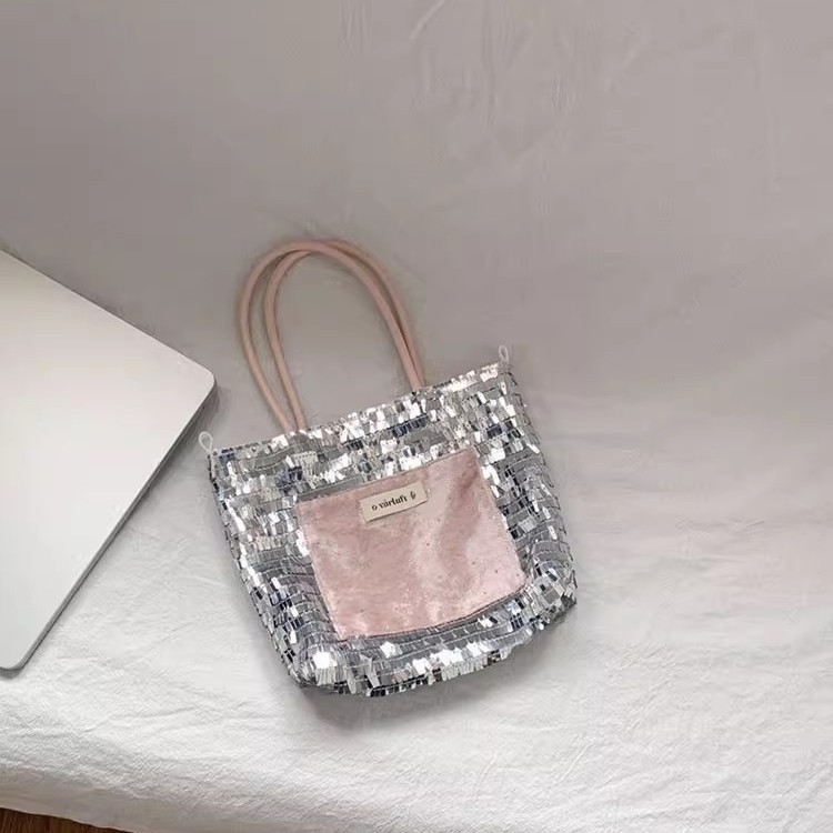 Cross-border mini wavy sequined hand-held small square bag, niche design canvas bag, high-end single-shoulder crossbody bag, commuter bag, handbag, hand-held bag, fringed women's bag, handbag, sequined bag