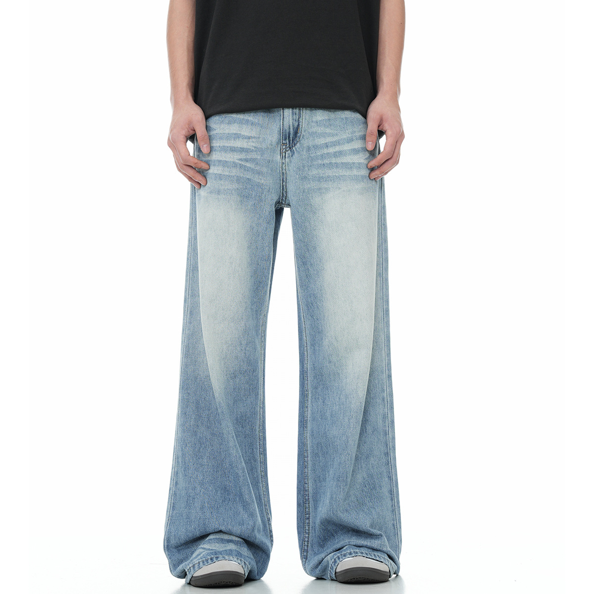 11KN American sunny blue soft jeans for men and women, retro cat whiskers washed for slimming, three-dimensional drape, loose and casual trousers details Picture