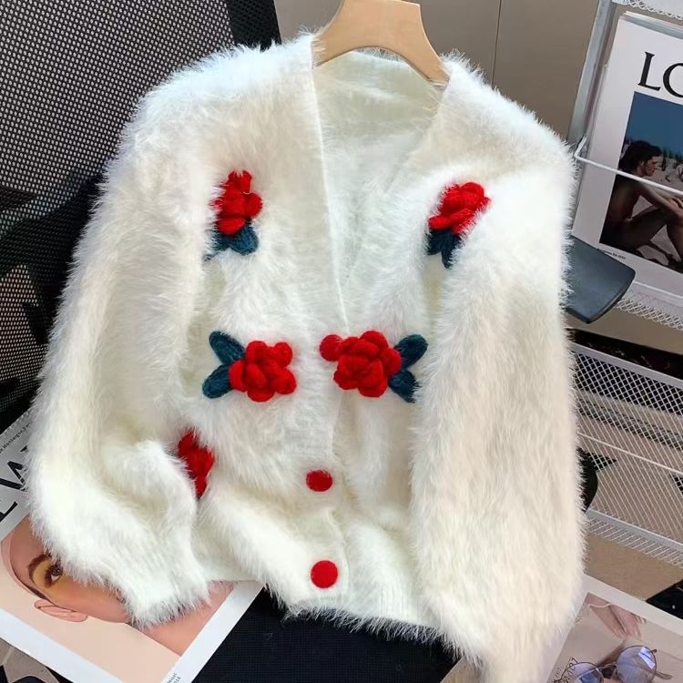 A new autumn loose and thick long-sleeved knitted sweater in solid color for women, featuring a little chanel-style rose sweater cardigan