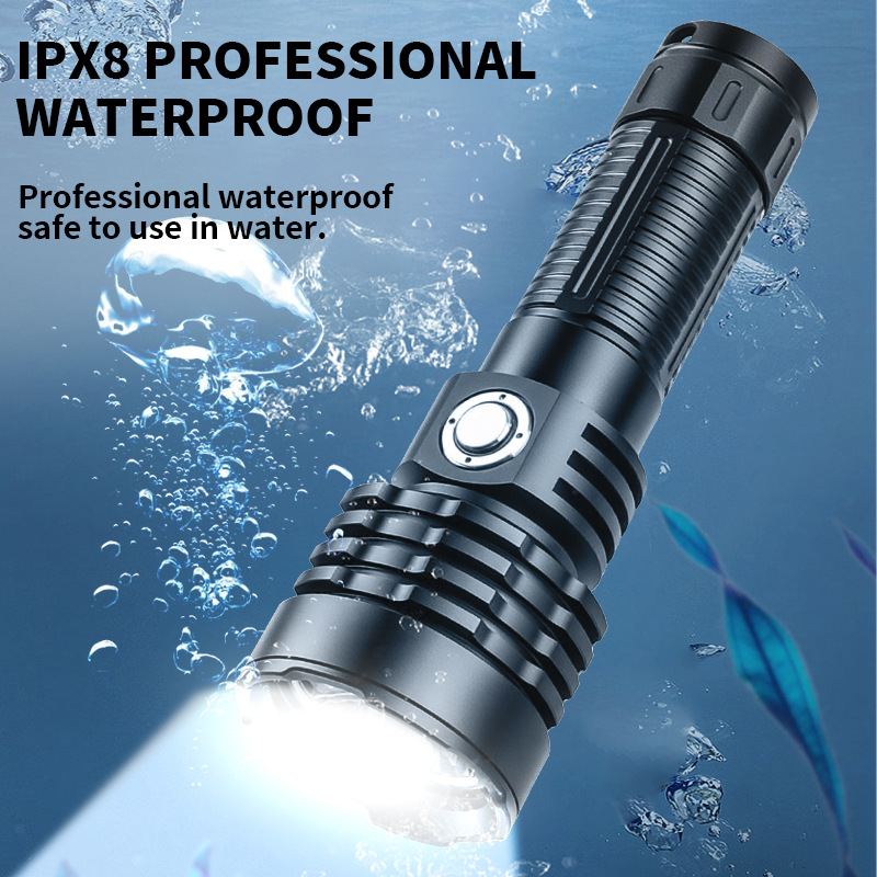 مصباح يدوي لغوص من طراز XHP70 عابر للحدود، ضوء أبيض + ضوء صفراء من نوع Type-C لشحن البطاريات في الهواء الطلق للاستكشاف Specification image