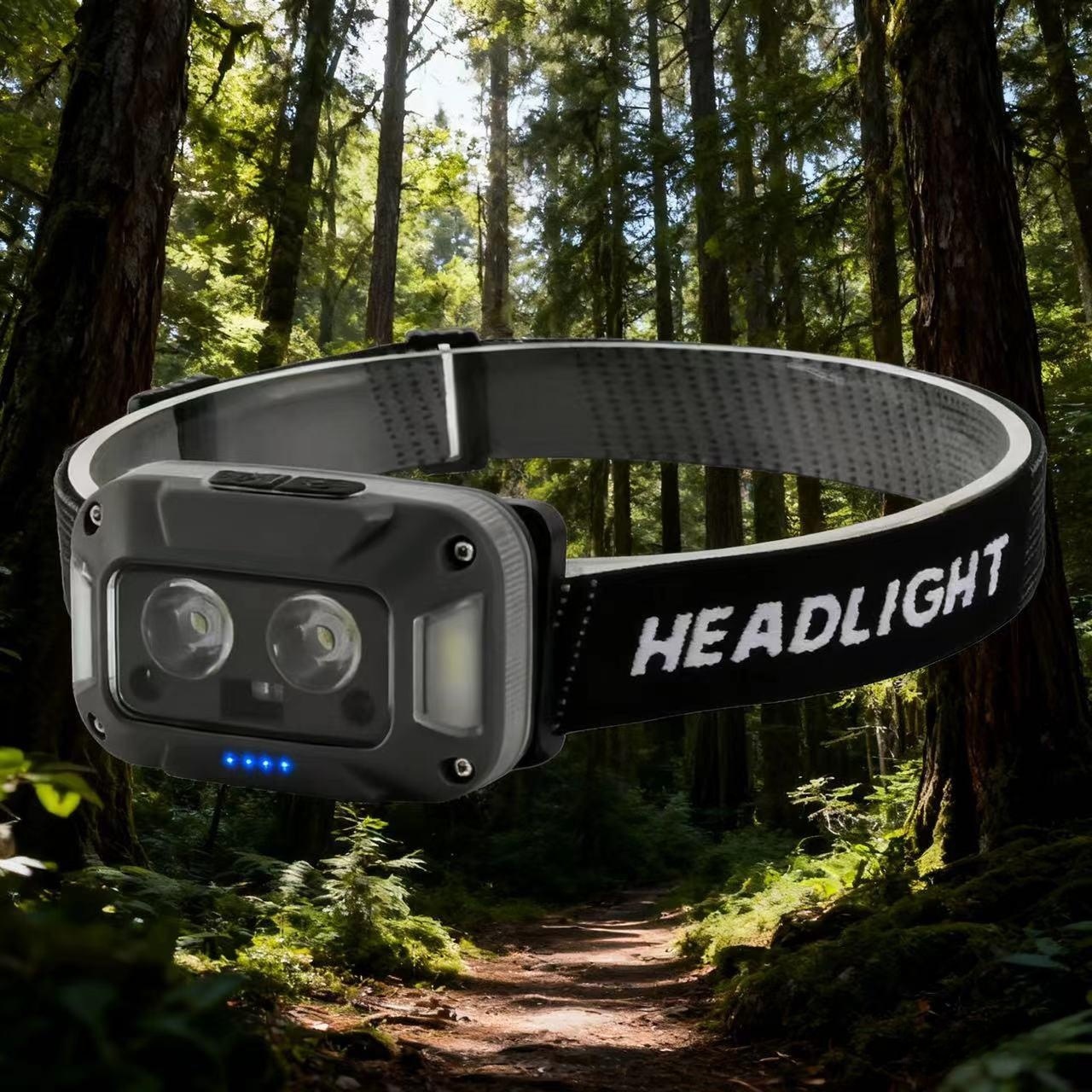 跨境户外运动强光感应头灯充电头戴式骑行夜钓跑步白黄红三光头灯