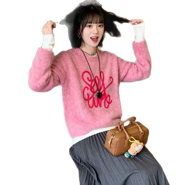 Wool blend pink letter sweater for women 2025 new autumn and winter loose, warm and laid-back knitted top Item Picture