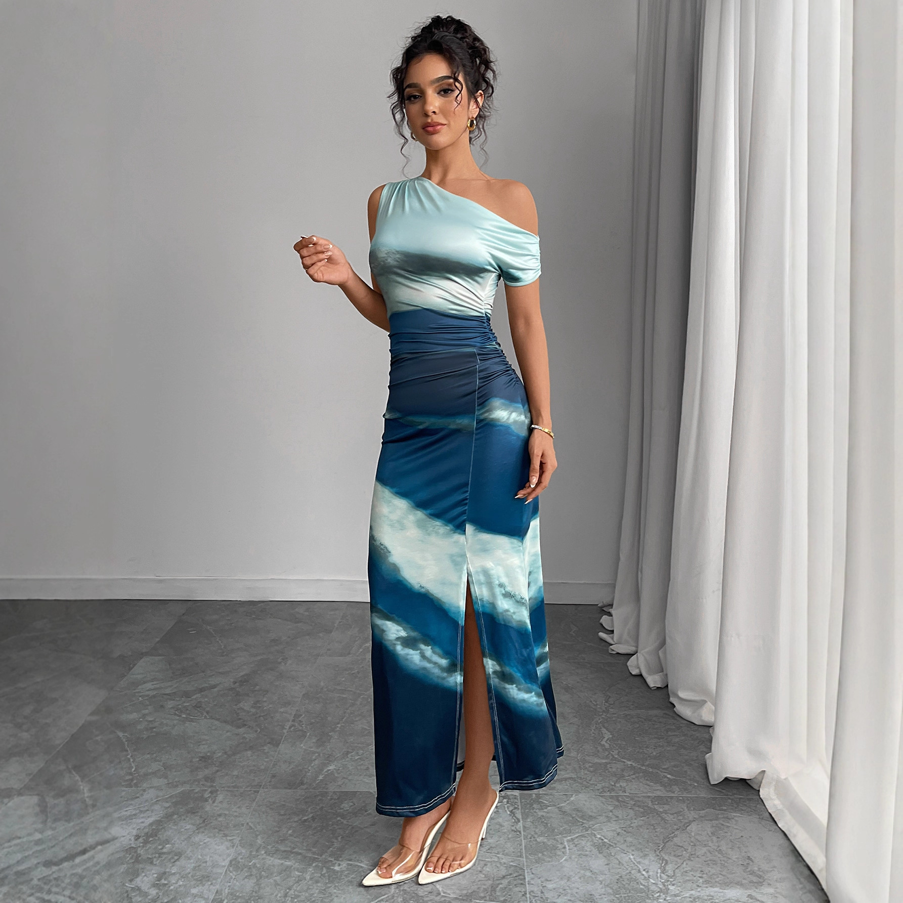 Cross-border Amazon foreign trade women's clothing 2025 Summer New Style European and American color contrast slimming dress, off-the-shoulder long dress Y2 Specification drawing