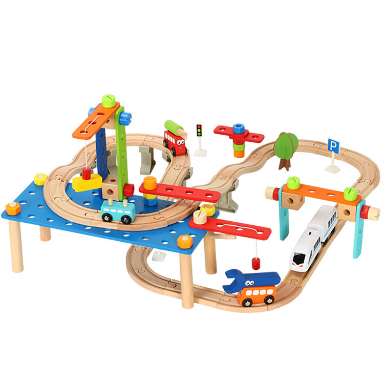 Wooden track car electric mini train set, wooden track children's educational assembly toy car, 2-year-old boy Item Picture