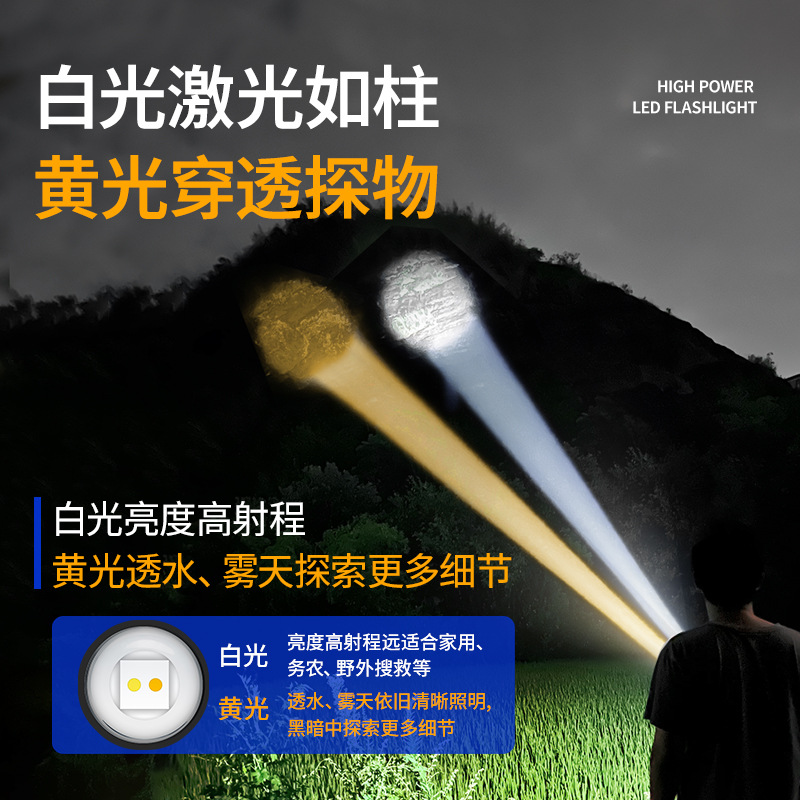 Cross-border 2025 New Product: High-intensity long-range flashlight with yellow and white dual laser digital display, outdoor dual-switch side light strip magnetic attraction Specification image