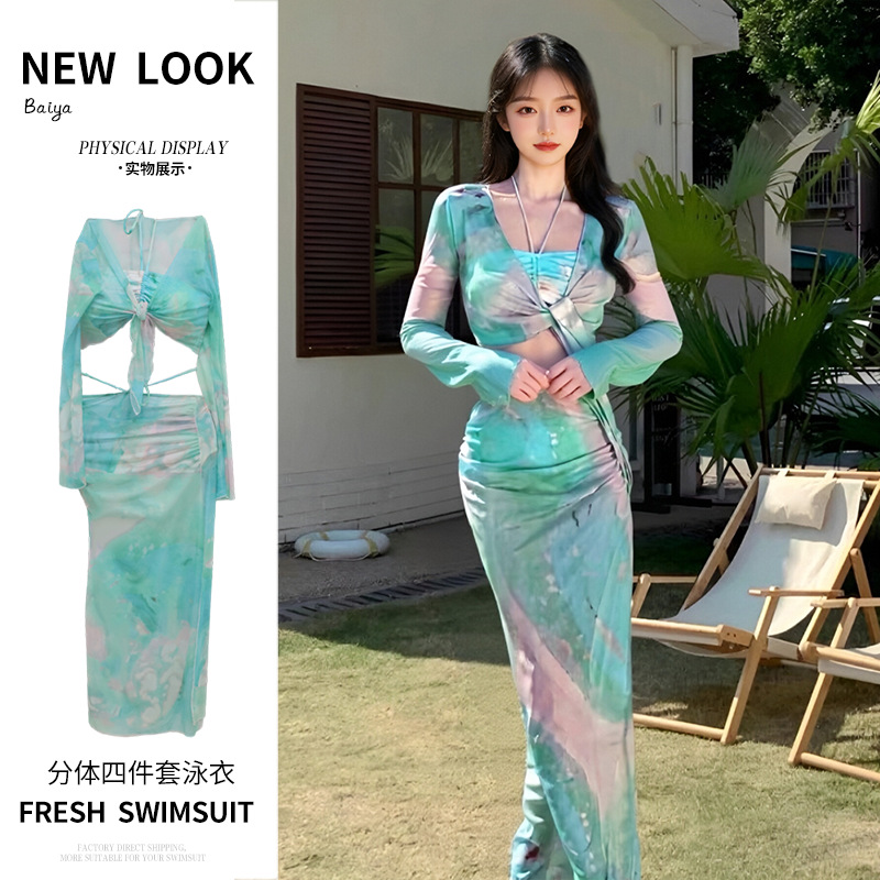 New women's four-piece swimsuit, bikini, two-piece swimsuit, pure desire style, bow, long-sleeved, sun-protective swimsuit wholesale -107080