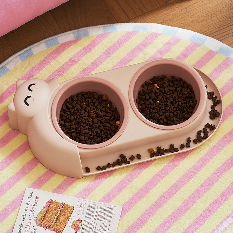 Multi-functional pet double-bowl cartoon with stainless steel bowl, pet feeding utensils, pet water and feeding two-in-one anti-slip bowl details Picture