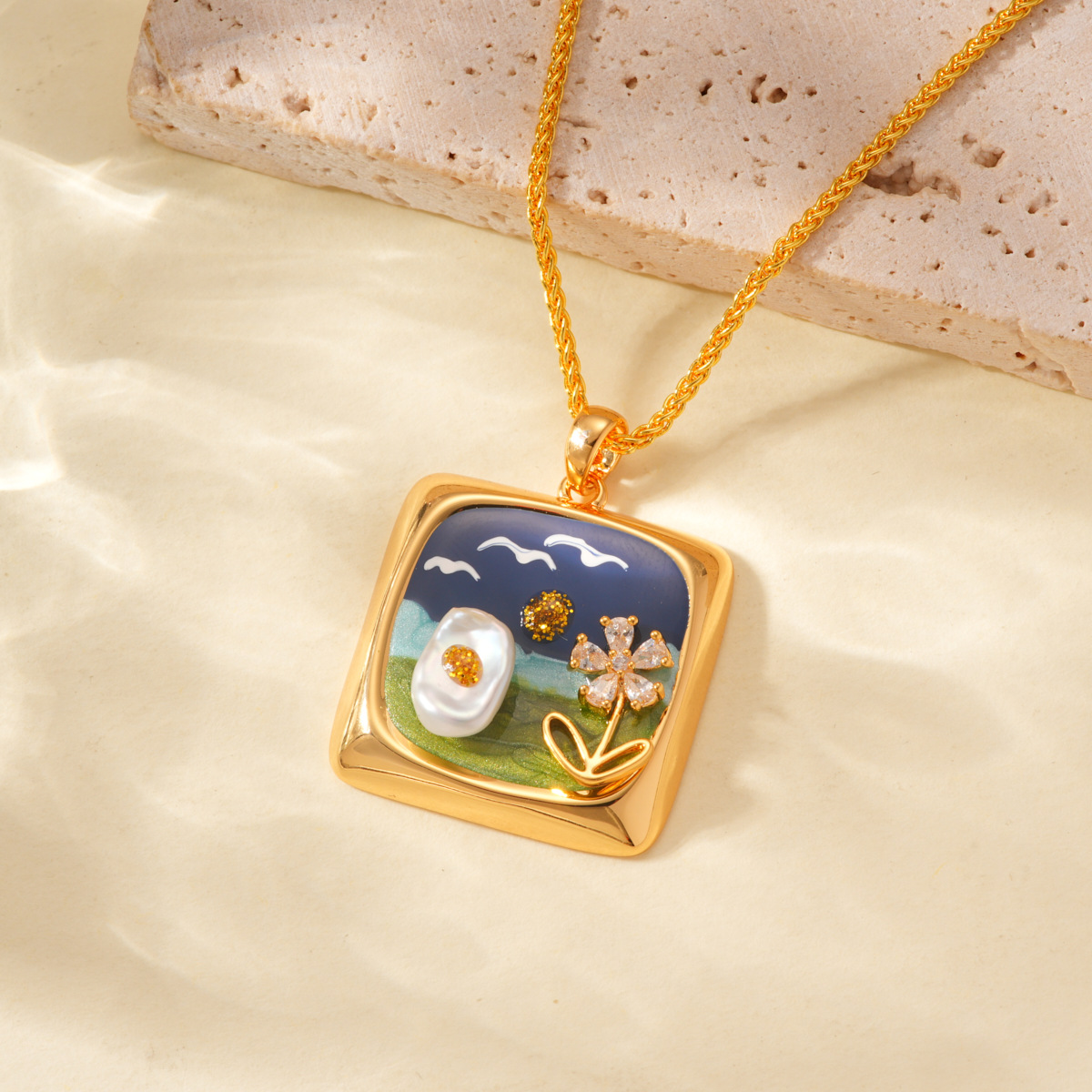 Pearl inlaid oil painting style square pendant, 18k copper gold-plated color retention high-end bracelet, necklace clasp DIY accessory Application Scenario