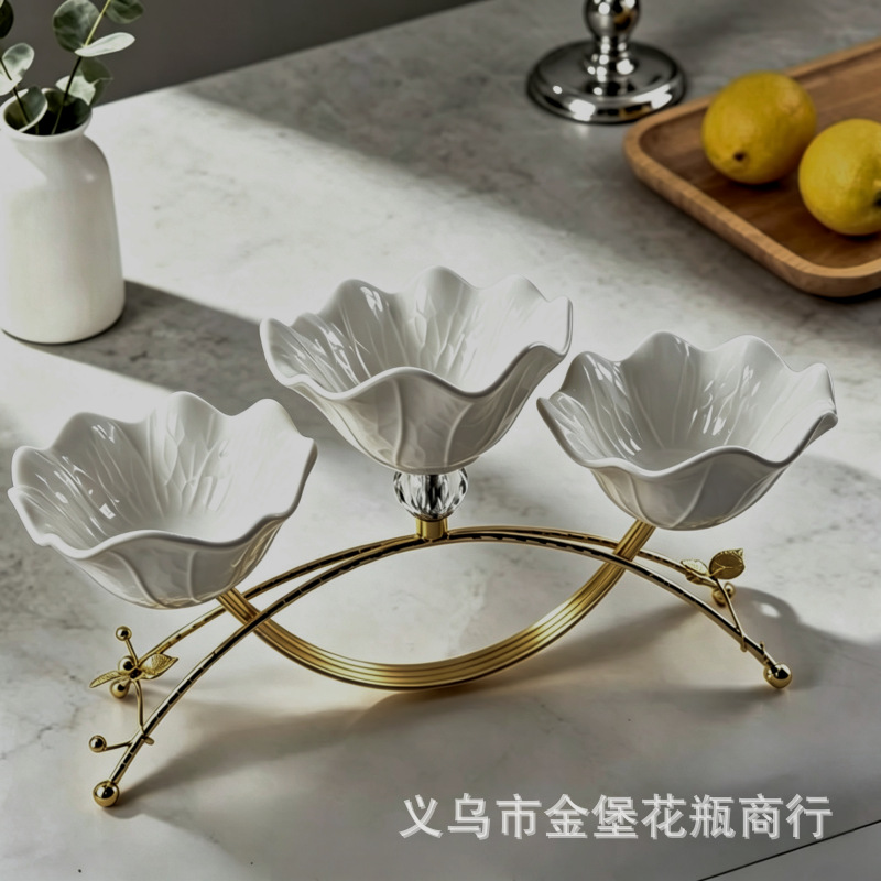 欧式金边三碗果架 创意花瓣陶瓷小吃碗 酒店会所多格水果点心拼盘 Specification image