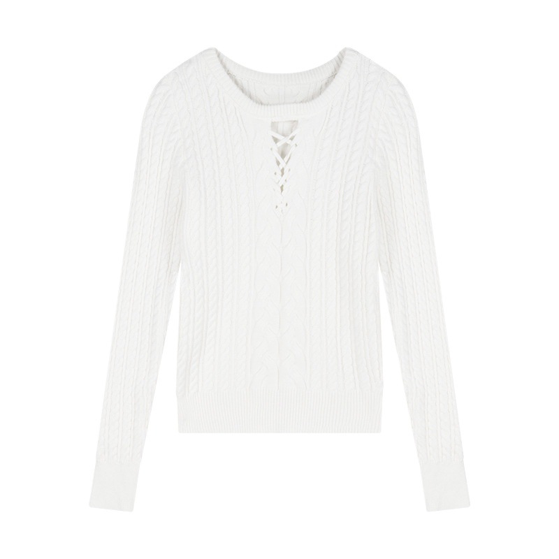 A white round-neck cut-out knitted sweater for women in autumn and winter, with a long-sleeved braided sweater as the base layer and a hot girl tight-fitting top underneath Item Picture