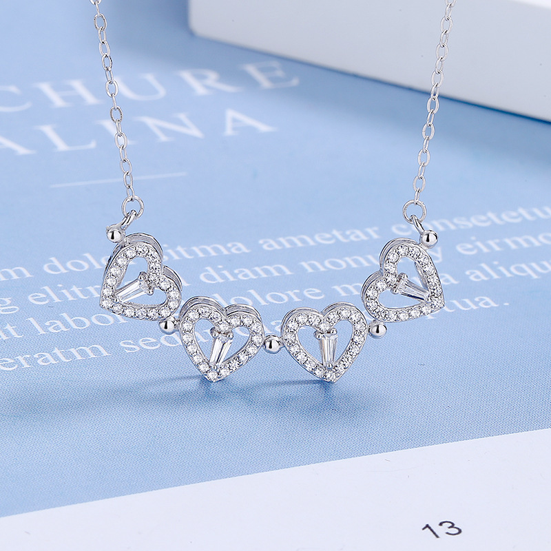 S925 Silver Heart Four-leaf Clover Flower collarbone Necklace, Women's niche light Luxury Cross-chain electroplated jewelry Pendant details Picture