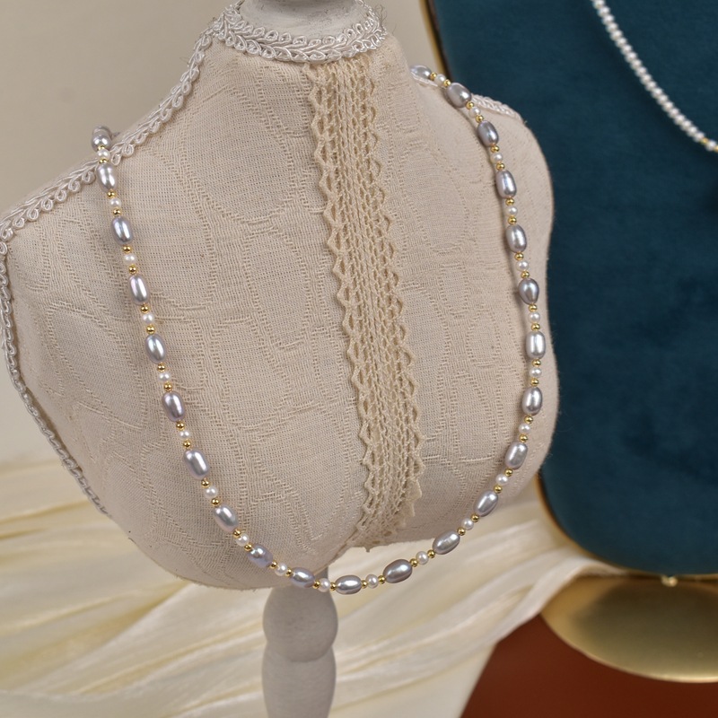 45cm natural freshwater pearl grey rice bead necklace for women, light luxury, simple and versatile collarbone chain S925 silver neck chain Specification image