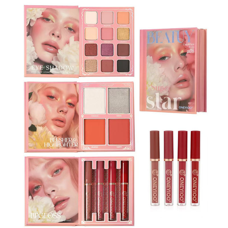 OEM/ODM factory high-quality small-batch customized four-page book-style eyeshadow palette, waterproof multi-effect makeup set, lipstick, high-gloss blush Specification image