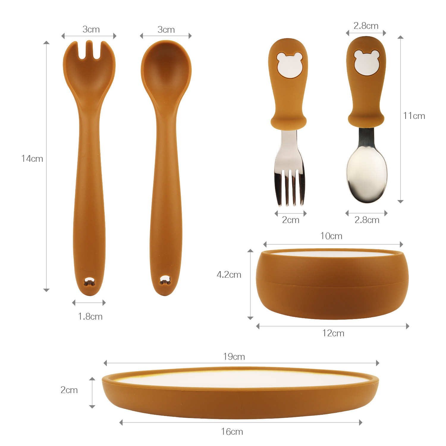 Children's silicone complementary food tableware set, two-color bowls, plates, spoons, forks, four-piece set, baby food-grade e-commerce new product Item Picture