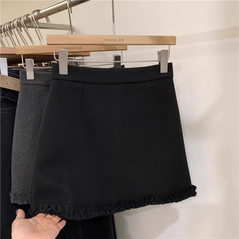 灰色毛呢半身裙女2025秋冬高腰a字包臀裙花边拼接显瘦短裙小个子产品图
