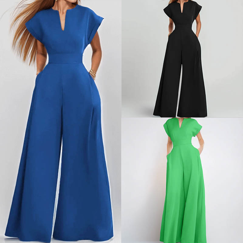 The 2026 Spring new cross-border European and American export women's fashion and elegant V-neck solid color slim wide-leg jumpsuit full figure