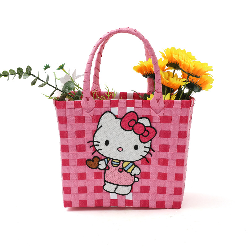 彩色编织手提菜篮子卡通刺绣出行节日婚礼必备手办礼包