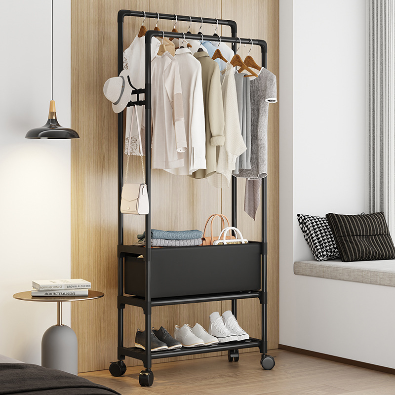 Simple coat rack, floor-standing indoor clothes hanger, bedroom clothes double-pole rack, household clothes drying rack, dormitory clothes drying rack