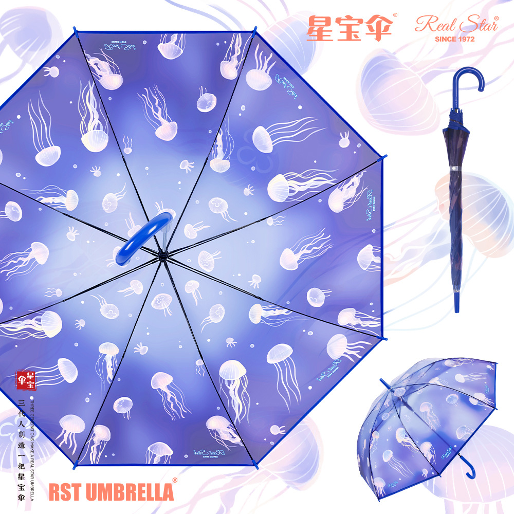 26 New student transparent umbrella with jellyfish pattern POE Japanese long-handled umbrella automatic opening cross-border supply details Picture