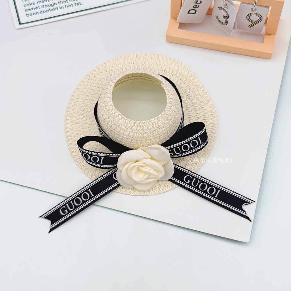 17cm fabric opening straw hat, cute doll accessories, hand-woven camellia hat, fashionable French top hat details Picture