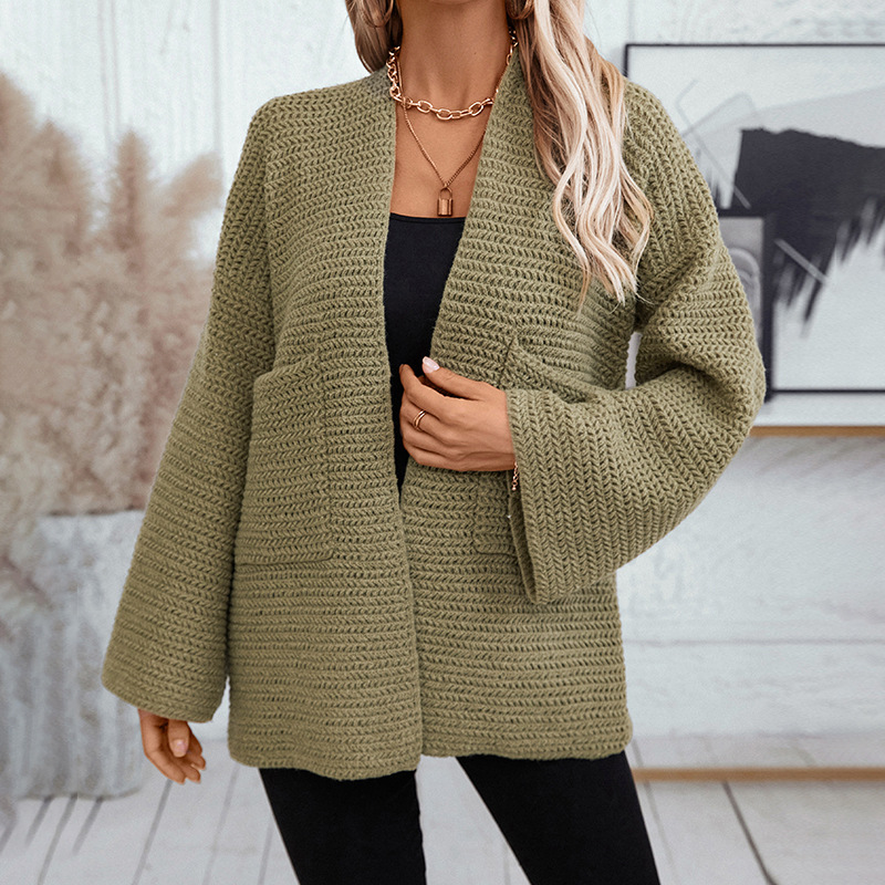 Cross-border foreign trade European and American women's sweater autumn and winter new retro mid-length V-neck solid color cardigan sweater knitted sweater Specification drawing