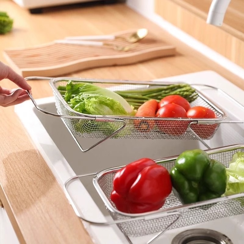 Stainless steel telescopic draining basket, vegetable washing basin, sink storage rack, kitchen dishwashing plate draining rack, sink rack Specification image
