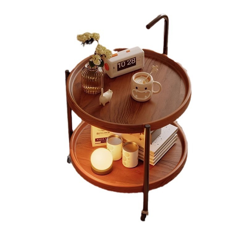 Double-layer tea table side table with a sense of luxury, movable tea, bedside storage rack for the bedroom, simple wheeled tea table for home use Item Picture