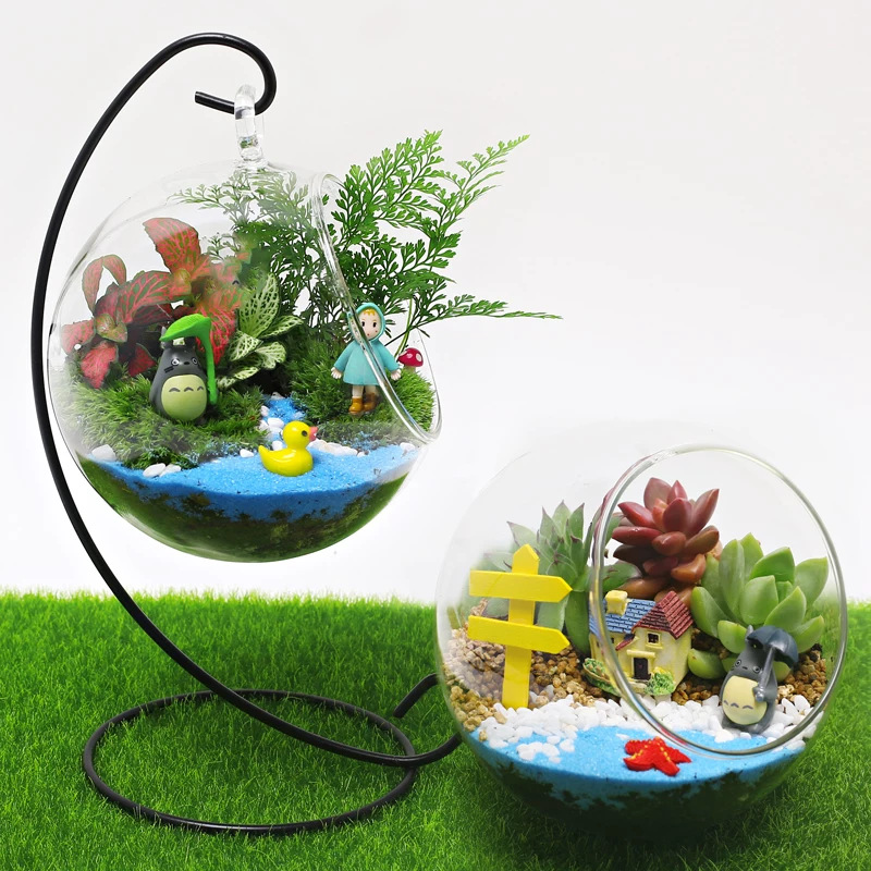 Micro-landscape ecological bottle, transparent glass hanging succulent plant moss hanging bottle, diy handcrafted green plant landscape vase details Picture