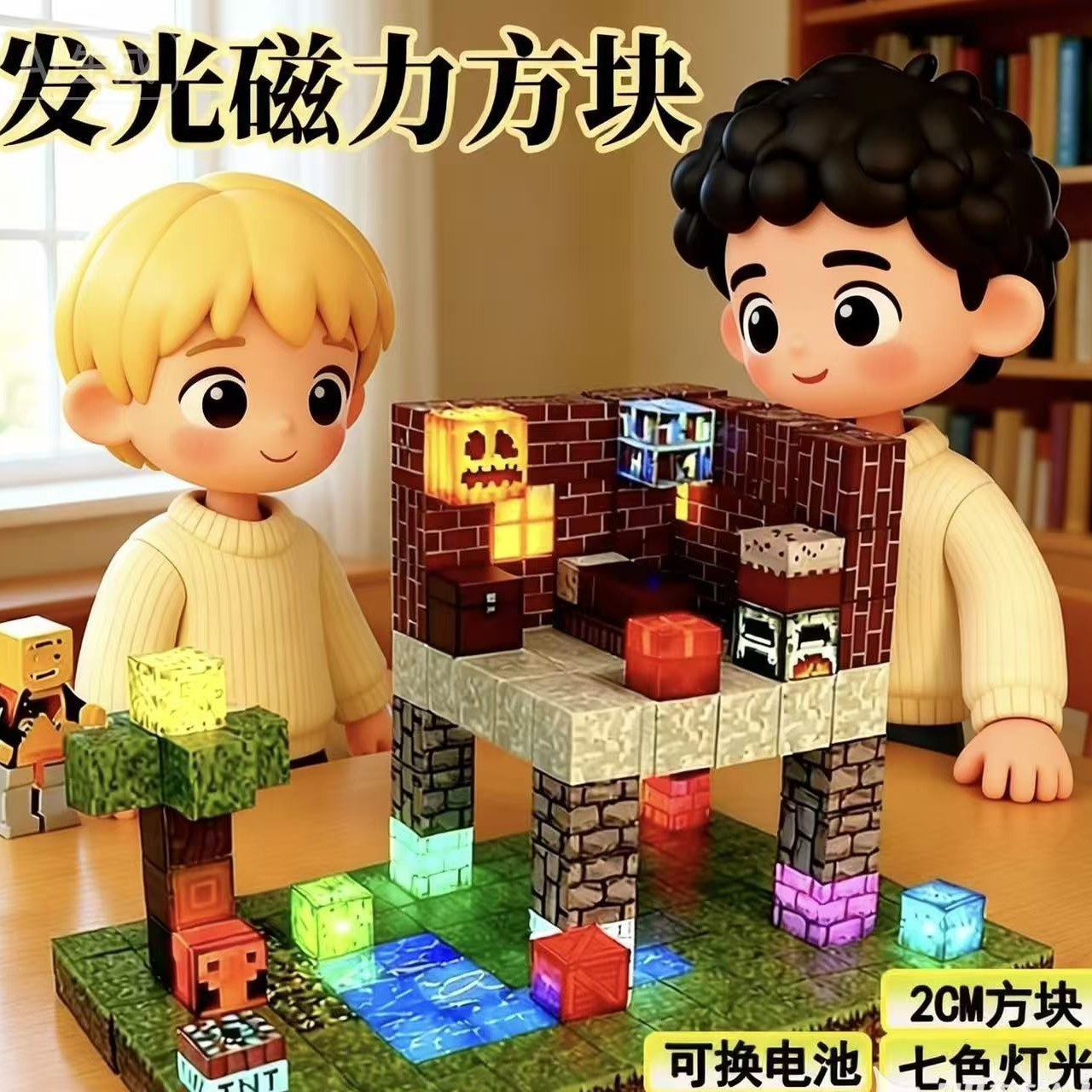 我的磁力方块灯光发光积木磁吸玩具儿童拼装搭建模型益智礼物磁性