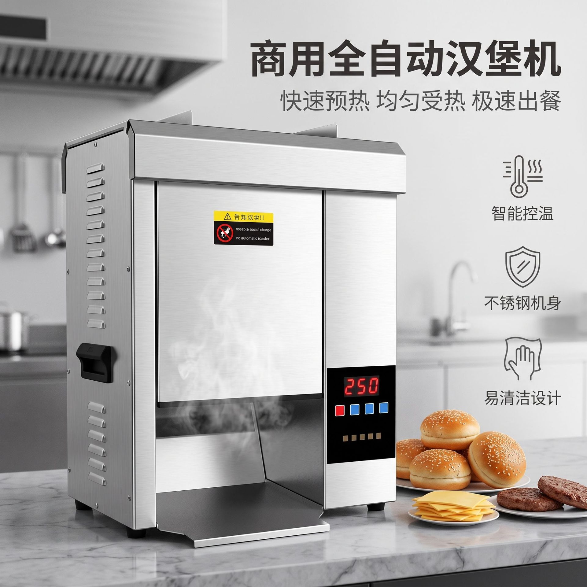 The commercial fully automatic hamburger machine features intelligent temperature control, a stainless steel body that preheats quickly, heats evenly, is easy to clean and serves food