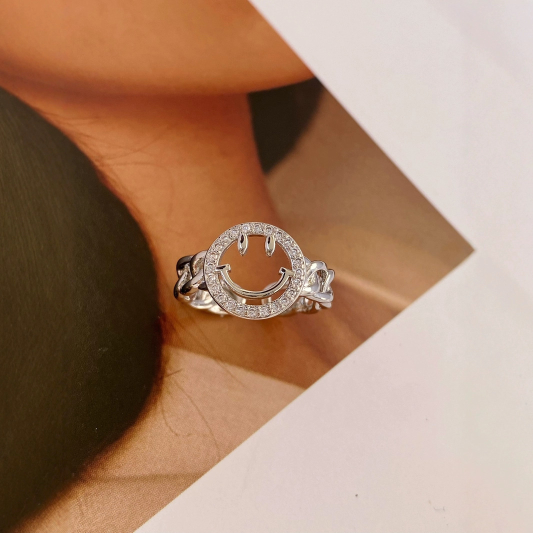 Micro-set zircon ring, cute smiling face ring, adjustable opening ring, 18K gold-plated expression smiling face ring Specification drawing